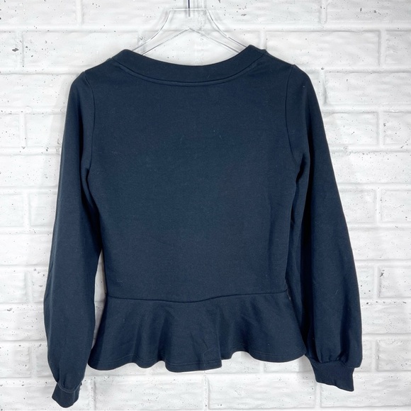 MAEVE Black V-Neck Ruched Sweatshirt with Peplum Hem puff sleeve Size Small - Picture 8 of 10